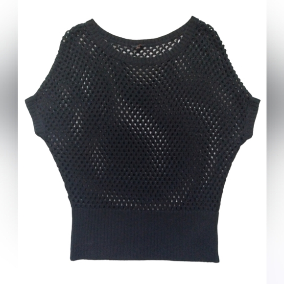 G by Guess | Black Open Crochet Knit  Drop  Shoulder Tunic Sweater Top - Picture 6 of 10
